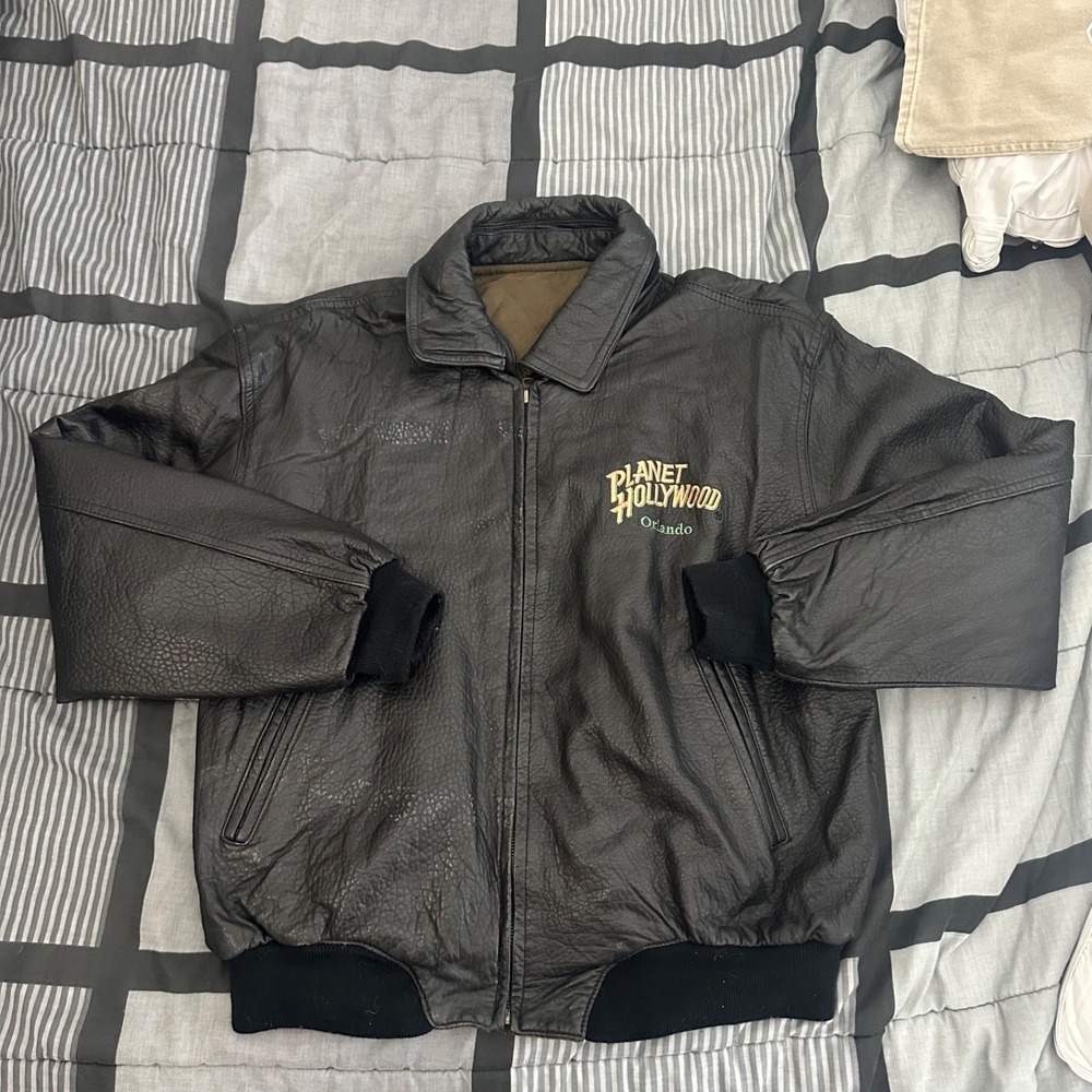 Vintage Planet Hollywood Orlando Men's Leather Reversible Bomber Jacket Size XL